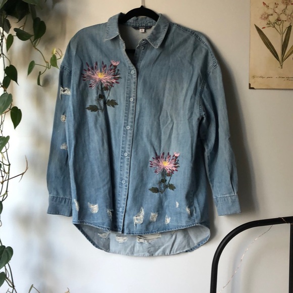 Only Tops - Only Distressed Embroidered Denim Button Up